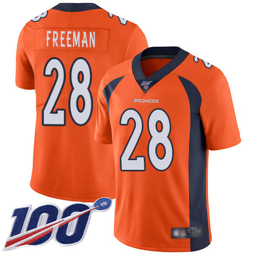 Men Denver Broncos 28 Royce Freeman Orange Team Color Vapor Untouchable Limited Player 100th Season Football NFL Jersey